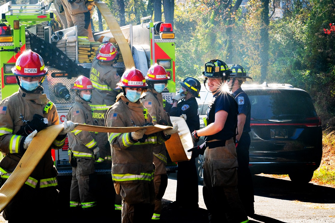 Chantilly Academy seniors in the firefighting course learn hose skills during a day of hands-on learning. 